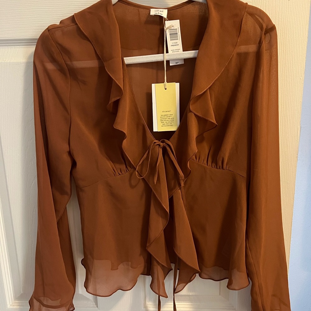 Aritzia Brown Ruffled Tie Front Blouse